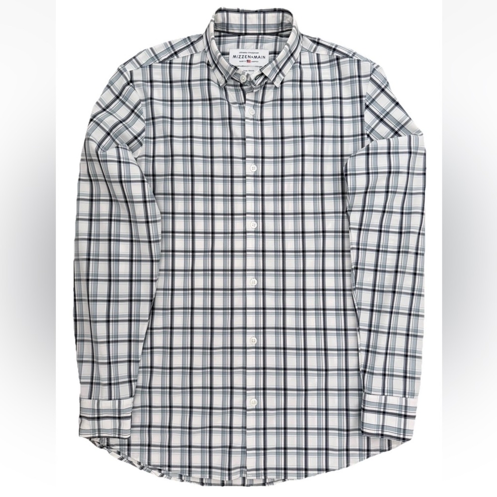 Mizzen + Main White & Blue Plaid Leeward Medium Trim Fit, Long Sleeve Shirt, EUC